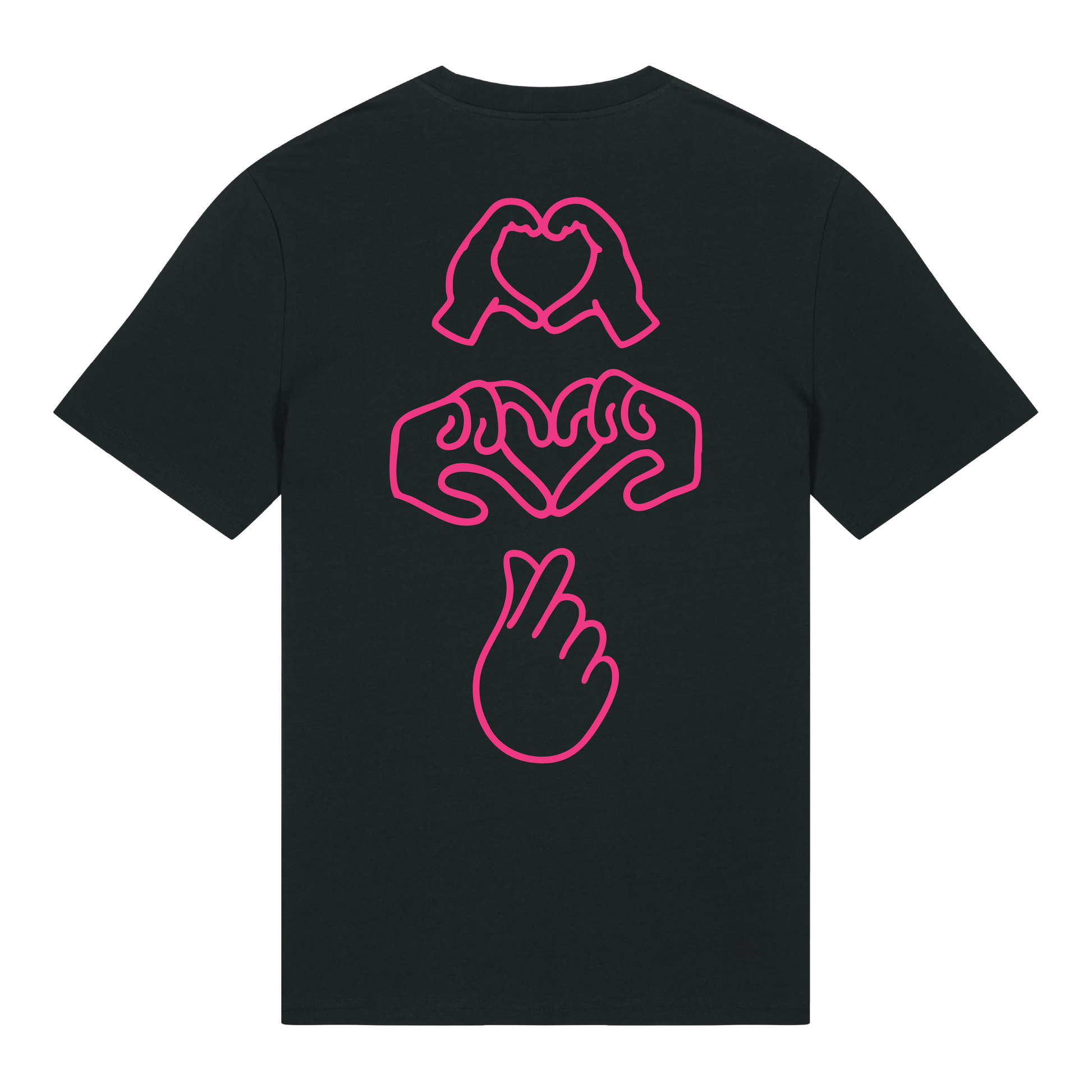 Black short-sleeve t-shirt with neon pink puff print Gen Alpha hand graphic, unisex fit, vibrant line-art design