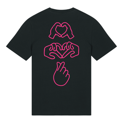 Black short-sleeve t-shirt with neon pink puff print Gen Alpha hand graphic, unisex fit, vibrant line-art design