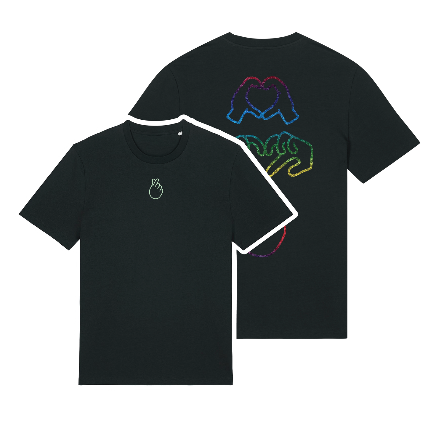Black short-sleeve t-shirt with glow in the dark embroidery on the front & rainbow foil on the back Gen Alpha hand graphic, unisex fit, vibrant line-art design