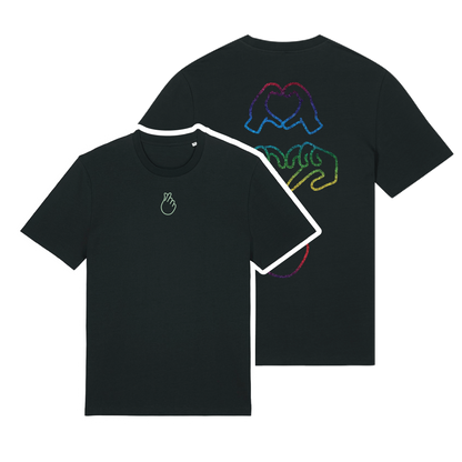 Black short-sleeve t-shirt with glow in the dark embroidery on the front & rainbow foil on the back Gen Alpha hand graphic, unisex fit, vibrant line-art design
