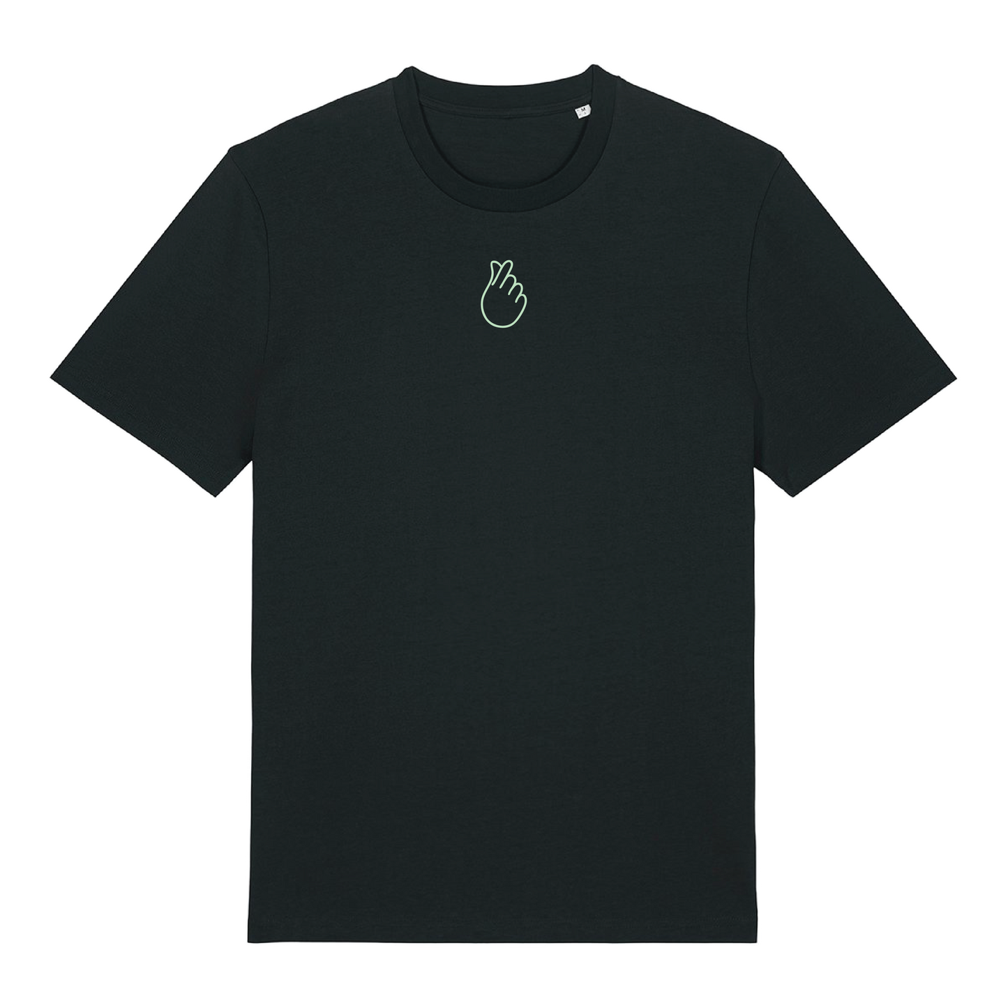 Black short-sleeve t-shirt with glow in the dark embroidery on the front & rainbow foil on the back Gen Alpha hand graphic, unisex fit, vibrant line-art design