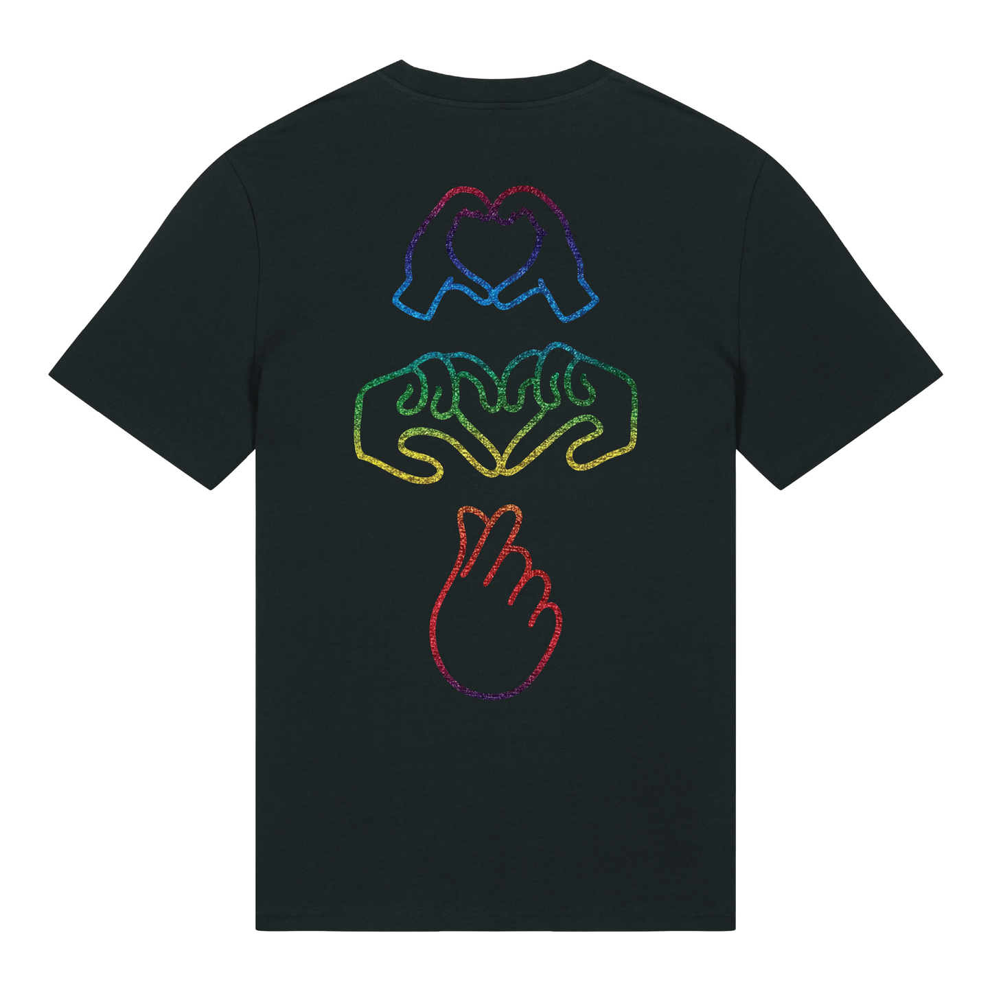 Black short-sleeve t-shirt with glow in the dark embroidery on the front & rainbow foil on the back Gen Alpha hand graphic, unisex fit, vibrant line-art design