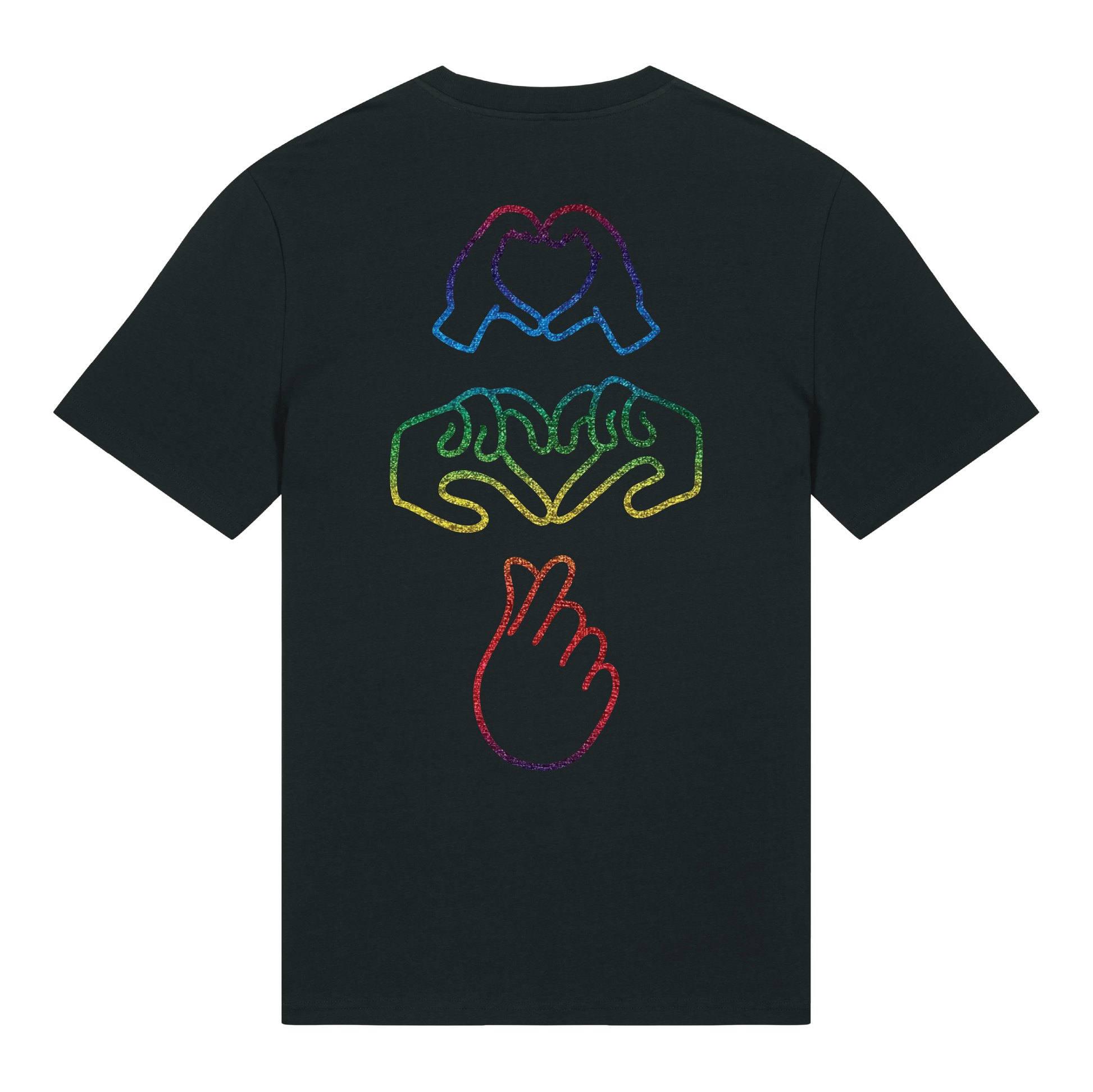 Black short-sleeve t-shirt with glow in the dark embroidery on the front & rainbow foil on the back Gen Alpha hand graphic, unisex fit, vibrant line-art design