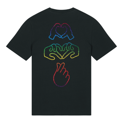 Black short-sleeve t-shirt with glow in the dark embroidery on the front & rainbow foil on the back Gen Alpha hand graphic, unisex fit, vibrant line-art design