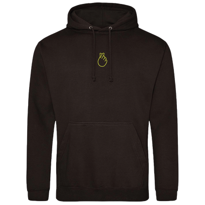 Black hooded sweatshirt with bold Gen Alpha hand illustration in neon yellow puff, youth-inspired streetwear design