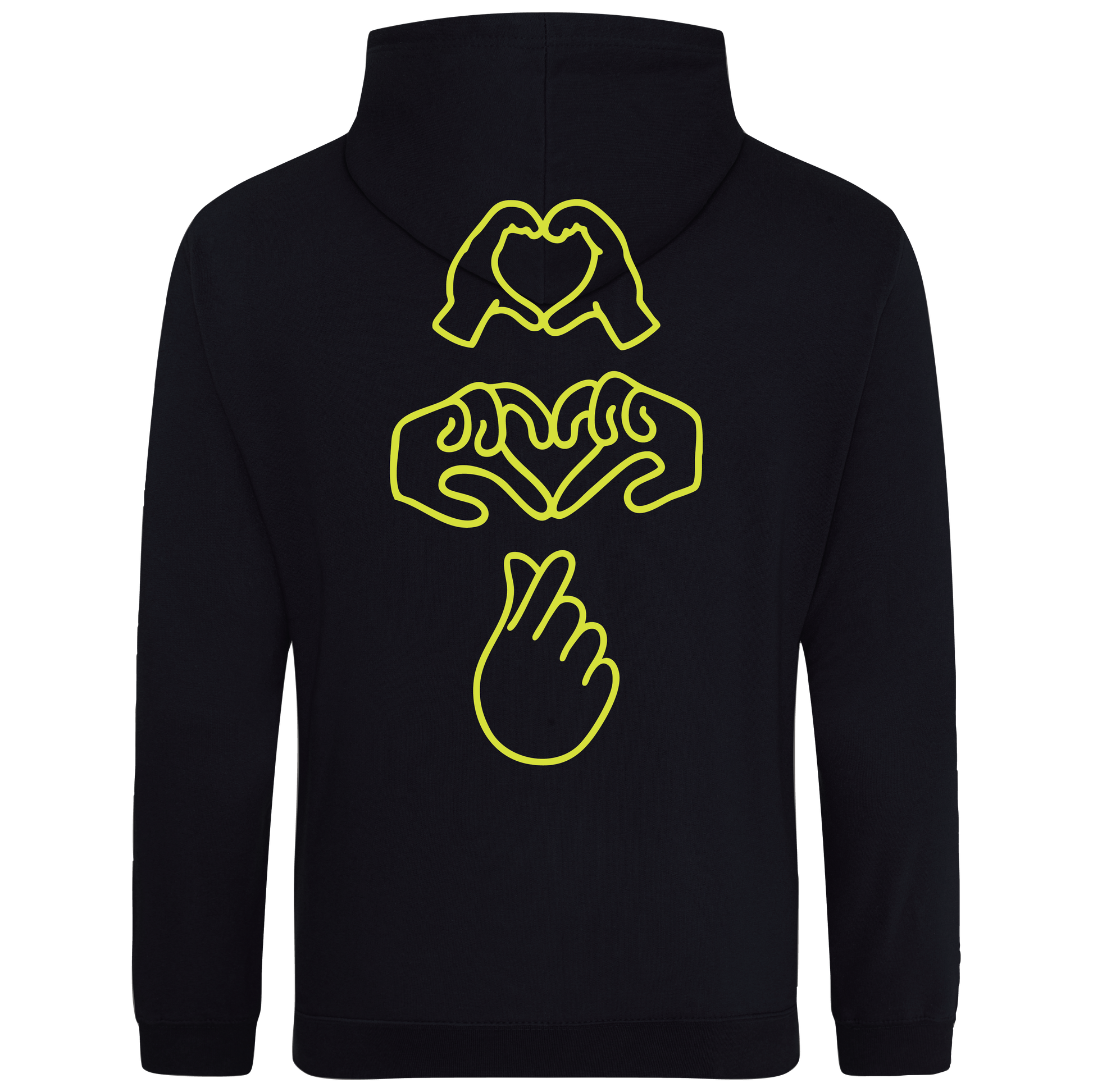 black hooded sweatshirt with bold Gen Alpha hand illustration in neon yellow puff, youth-inspired streetwear design