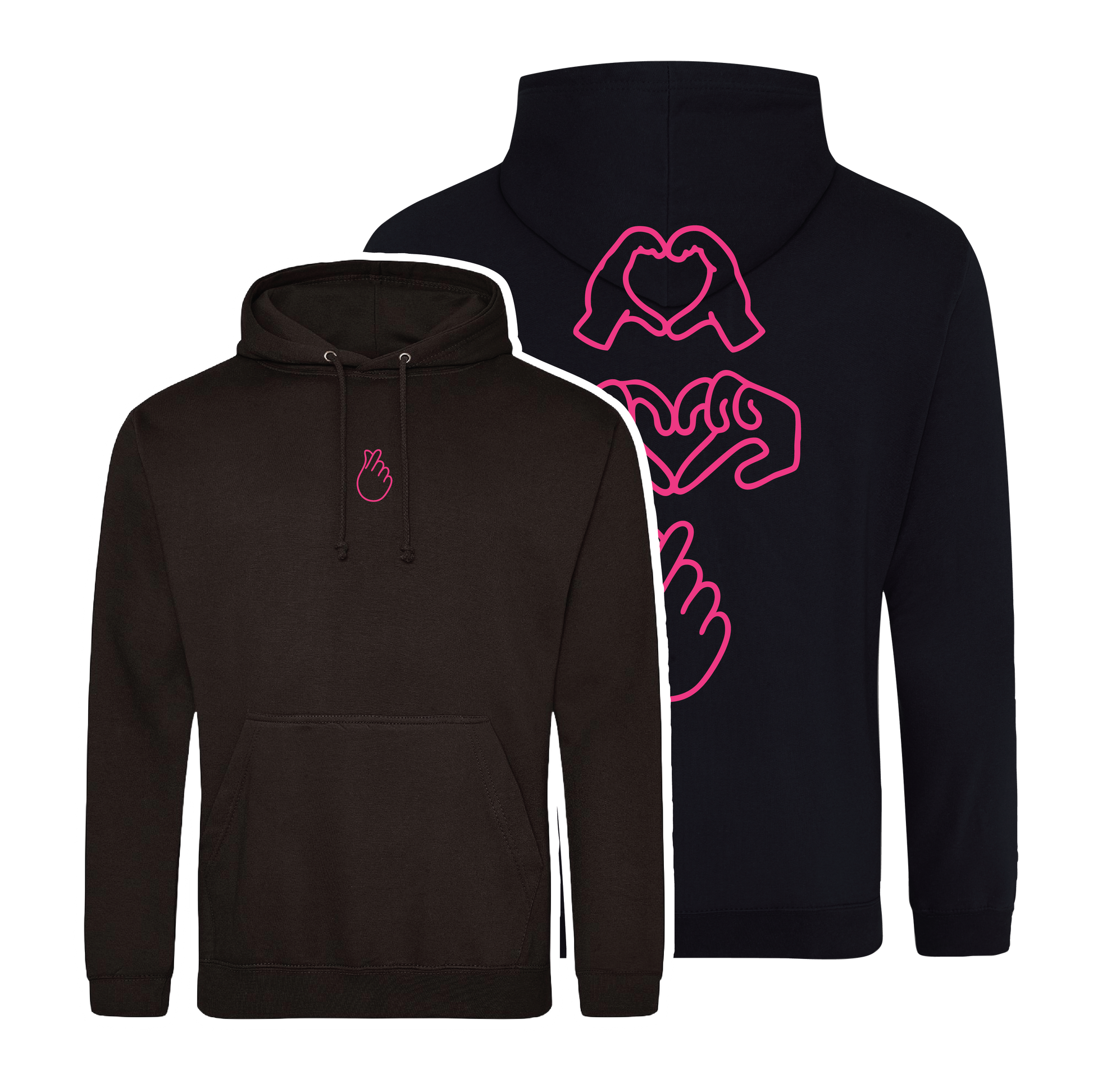 black hooded sweatshirt with bold Gen Alpha hand illustration in neon pink puff, youth-inspired streetwear design