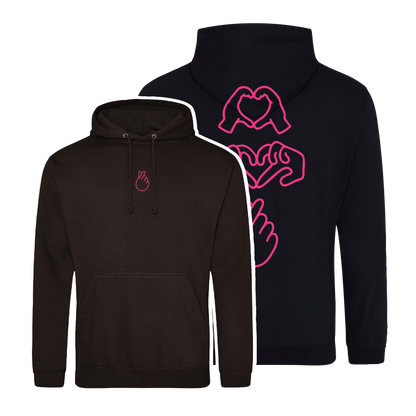 black hooded sweatshirt with bold Gen Alpha hand illustration in neon pink puff, youth-inspired streetwear design