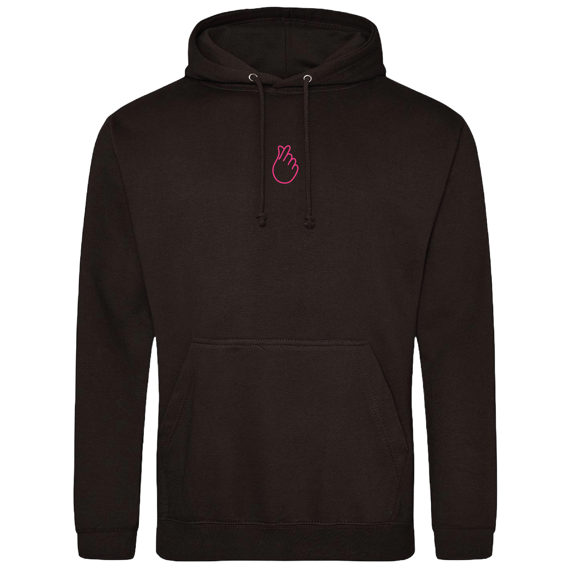 black hooded sweatshirt with bold Gen Alpha hand illustration in neon pink puff, youth-inspired streetwear design