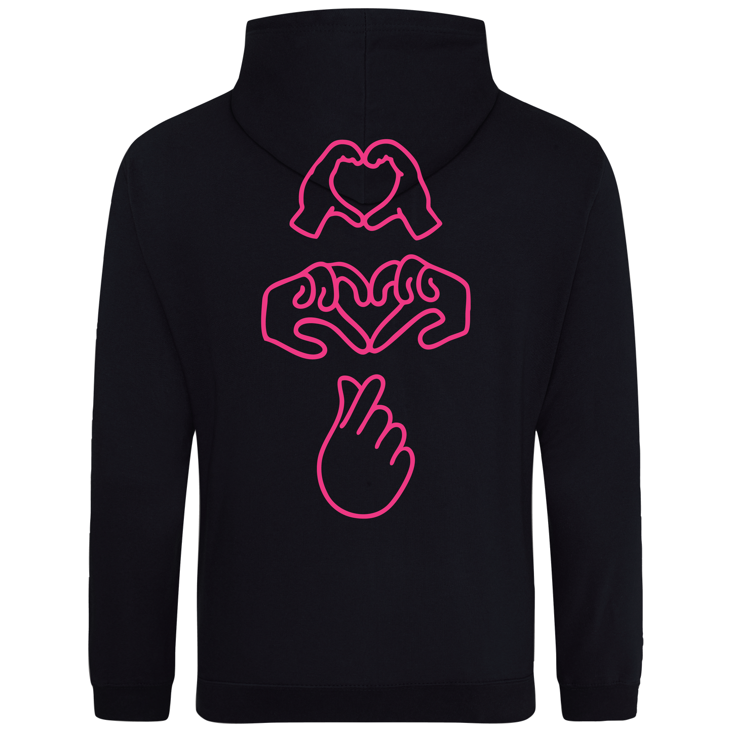 black hooded sweatshirt with bold Gen Alpha hand illustration in neon pink puff, youth-inspired streetwear design