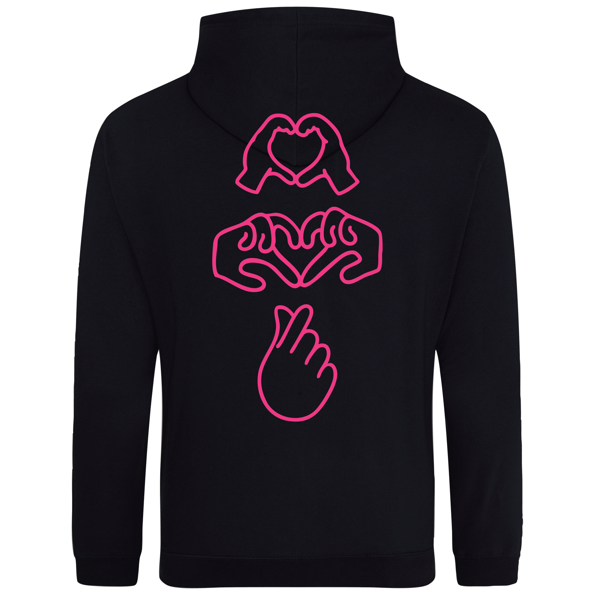 black hooded sweatshirt with bold Gen Alpha hand illustration in neon pink puff, youth-inspired streetwear design
