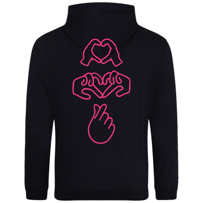 black hooded sweatshirt with bold Gen Alpha hand illustration in neon pink puff, youth-inspired streetwear design