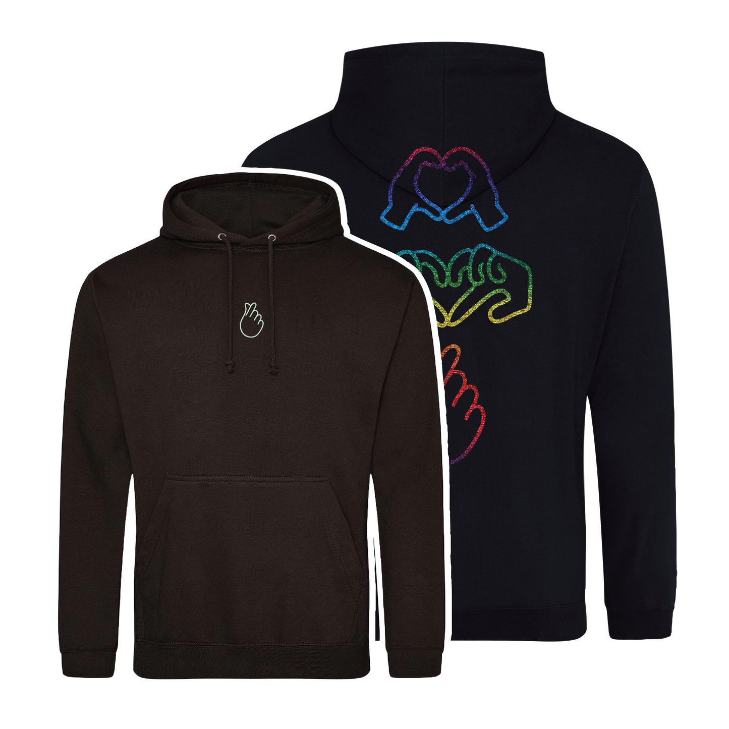 black hooded sweatshirt with bold Gen Alpha hand illustration in glow in the dark embroider on the front and rainbow foil on the back youth-inspired streetwear design