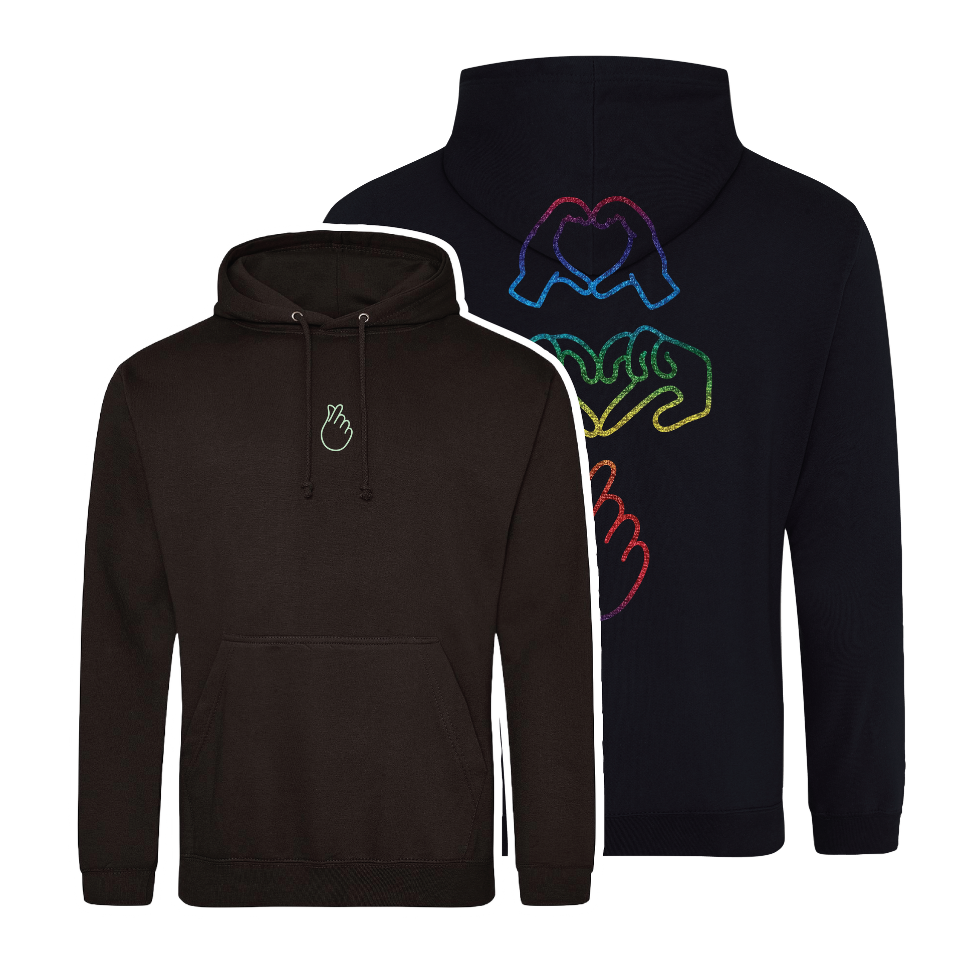 black hooded sweatshirt with bold Gen Alpha hand illustration in glow in the dark embroider on the front and rainbow foil on the back youth-inspired streetwear design