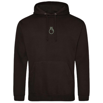 black hooded sweatshirt with bold Gen Alpha hand illustration in glow in the dark embroider on the front and rainbow foil on the back youth-inspired streetwear design