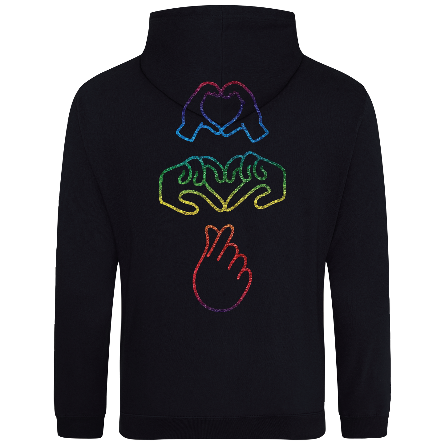 black hooded sweatshirt with bold Gen Alpha hand illustration in glow in the dark embroider on the front and rainbow foil on the back youth-inspired streetwear design