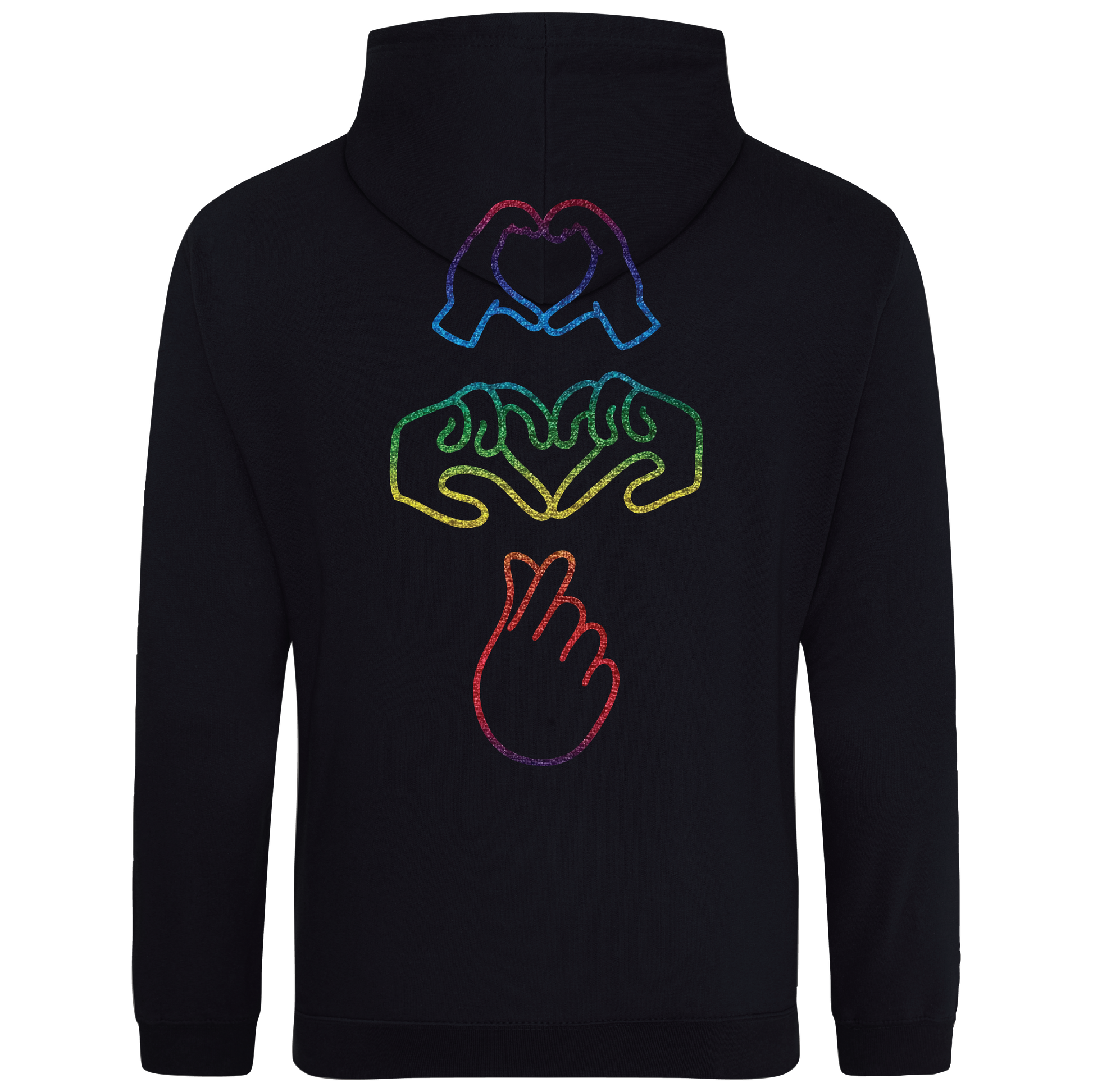 black hooded sweatshirt with bold Gen Alpha hand illustration in glow in the dark embroider on the front and rainbow foil on the back youth-inspired streetwear design