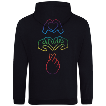 black hooded sweatshirt with bold Gen Alpha hand illustration in glow in the dark embroider on the front and rainbow foil on the back youth-inspired streetwear design