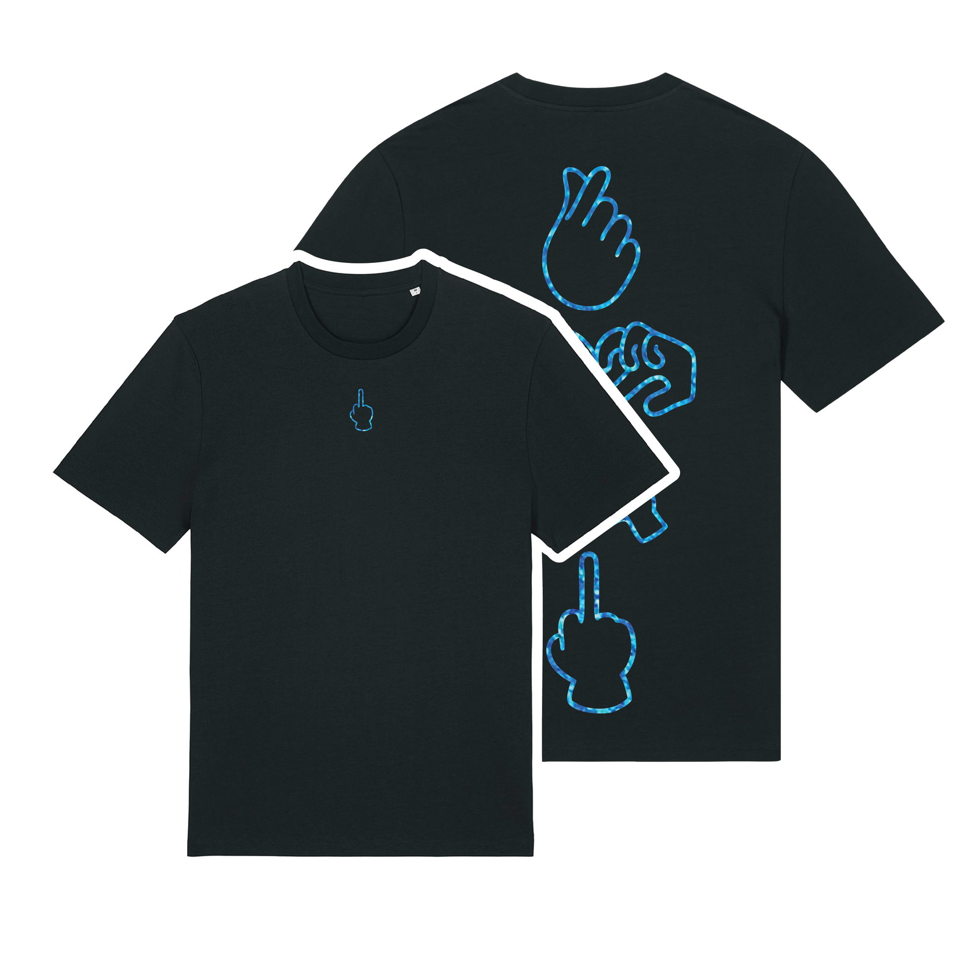 Black unisex t-shirt featuring neon line-art middle finger graphic, short sleeve, part of the Generational Love series, blue glitter puff print