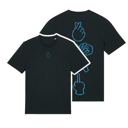 Black unisex t-shirt featuring neon line-art middle finger graphic, short sleeve, part of the Generational Love series, blue glitter puff print