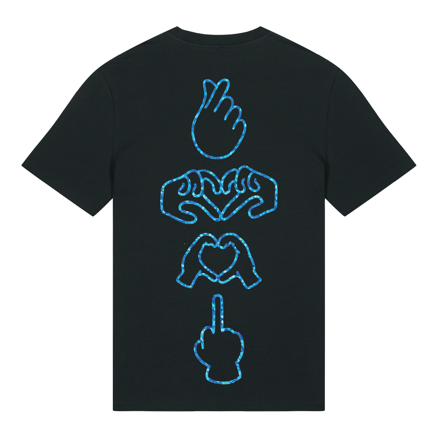 Black unisex t-shirt featuring neon line-art middle finger graphic, short sleeve, part of the Generational Love series, blue glitter puff print