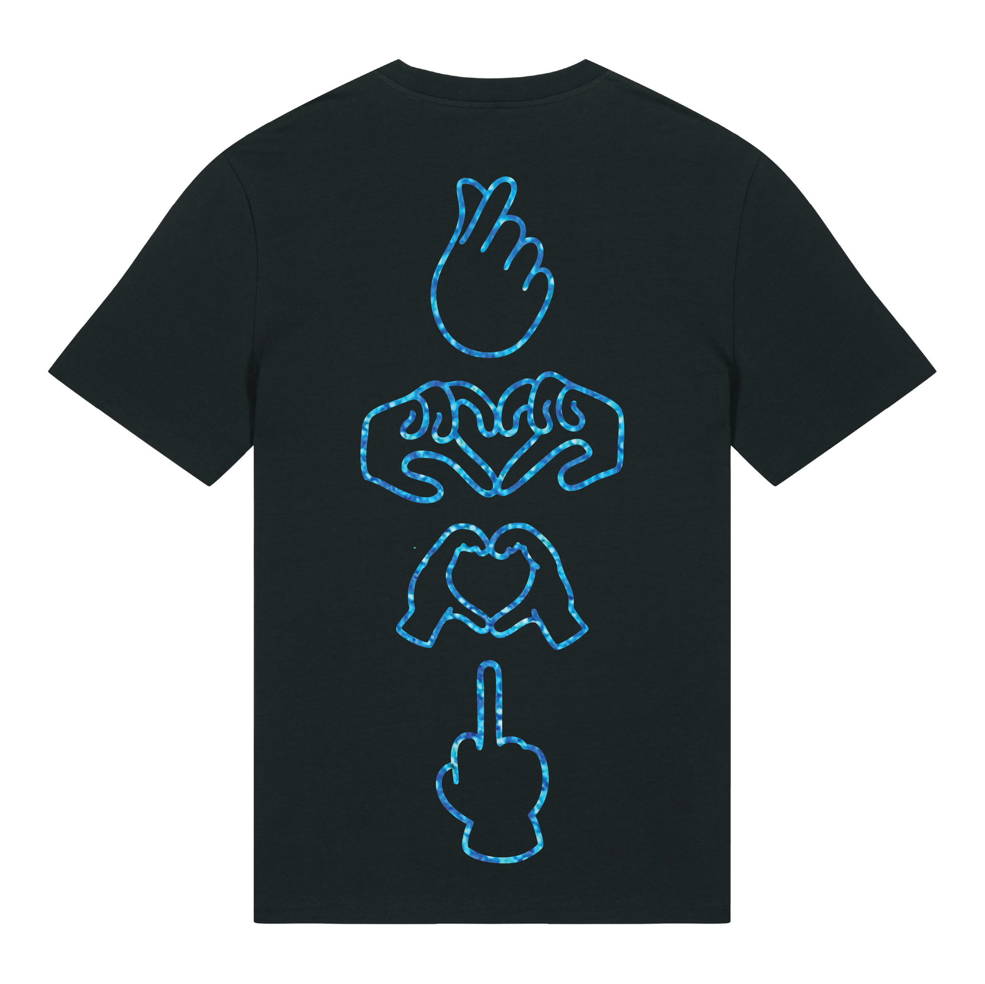 Black unisex t-shirt featuring neon line-art middle finger graphic, short sleeve, part of the Generational Love series, blue glitter puff print