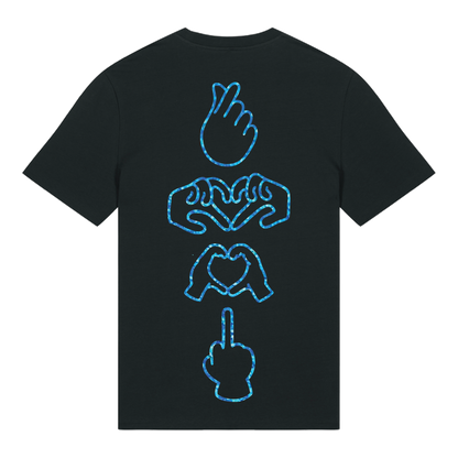 Black unisex t-shirt featuring neon line-art middle finger graphic, short sleeve, part of the Generational Love series, blue glitter puff print